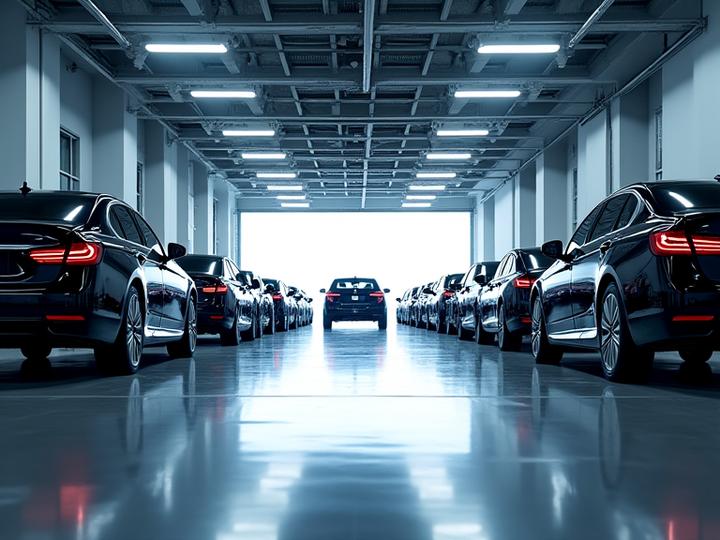 Yritysautoja rivissä odottamassa pesua modernissa autopesuhallissa